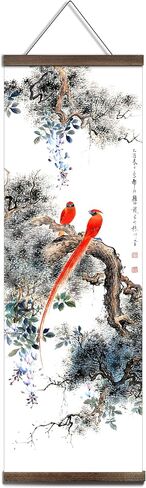 jszip Chinese Traditional Hand-Painted Bird and Flower Wall Art, Black Walnut Wood Scroll Frame, 35.5x12 Inch, 4 Panel Set, Asian Living Room Decor in Saudi Arabia