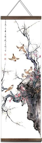 jszip Chinese Traditional Hand-Painted Bird and Flower Wall Art, Black Walnut Wood Scroll Frame, 35.5x12 Inch, 4 Panel Set, Asian Living Room Decor in Saudi Arabia