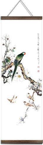 jszip Chinese Traditional Hand-Painted Bird and Flower Wall Art, Black Walnut Wood Scroll Frame, 35.5x12 Inch, 4 Panel Set, Asian Living Room Decor in Saudi Arabia