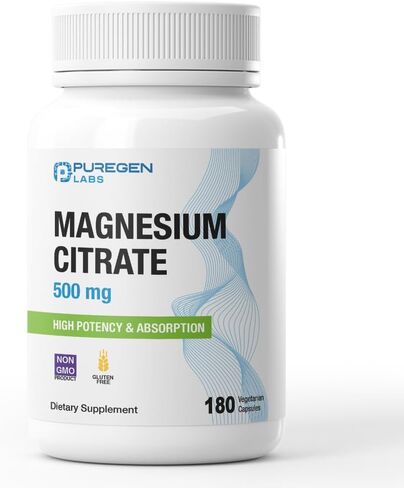 Magnesium Citrate 500 mg | High Potency Elemental Magnesium | Total 180 Veggie Caps, Superior Absorption, Non-GMO, NO Gluten and Dairy, Supports Muscle, Joint, and Heart Health in Kuwait
