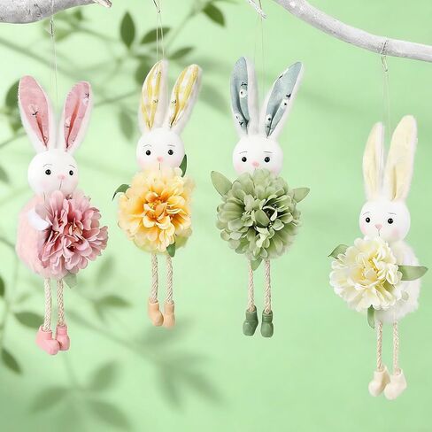 Easter Tree Hanging Ornaments Cute Flower Bunny, 4 Pcs/Set Handmade Light Color Spring Summer Easter Party Decorations (Bunny) in Saudi Arabia