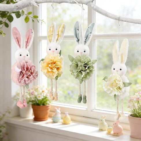 Easter Tree Hanging Ornaments Cute Flower Bunny, 4 Pcs/Set Handmade Light Color Spring Summer Easter Party Decorations (Bunny) in Saudi Arabia