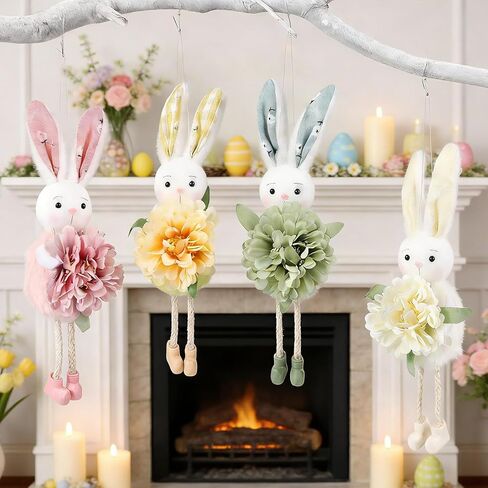 Easter Tree Hanging Ornaments Cute Flower Bunny, 4 Pcs/Set Handmade Light Color Spring Summer Easter Party Decorations (Bunny) in Saudi Arabia