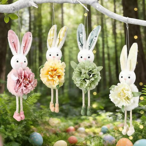 Easter Tree Hanging Ornaments Cute Flower Bunny, 4 Pcs/Set Handmade Light Color Spring Summer Easter Party Decorations (Bunny) in Saudi Arabia