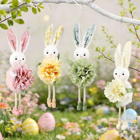 Easter Tree Hanging Ornaments Cute Flower Bunny, 4 Pcs/Set Handmade Light Color Spring Summer Easter Party Decorations (Bunny) in Saudi Arabia