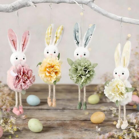 Easter Tree Hanging Ornaments Cute Flower Bunny, 4 Pcs/Set Handmade Light Color Spring Summer Easter Party Decorations (Bunny) in Saudi Arabia