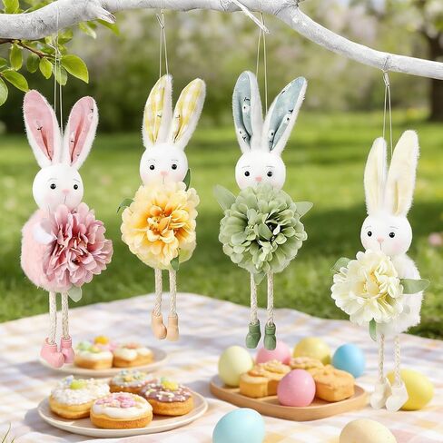 Easter Tree Hanging Ornaments Cute Flower Bunny, 4 Pcs/Set Handmade Light Color Spring Summer Easter Party Decorations (Bunny) in Saudi Arabia