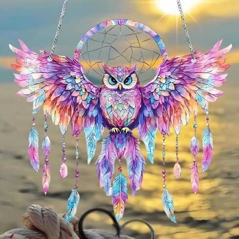 1PC Owl Dreamcatcher Colorful Acrylic Suncatcher Hanging, 7.08 inch Window Decor with Printed Stained Glass Style Design, Rainbow Maker Wall Art, Gift Idea & Garden Ornament Indoor Outdoor Use in Saudi Arabia