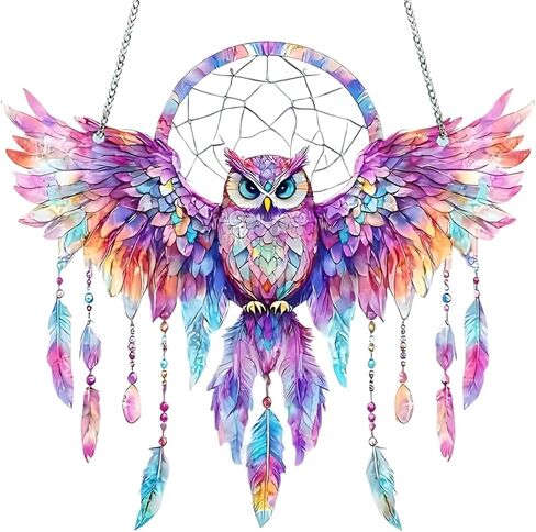 1PC Owl Dreamcatcher Colorful Acrylic Suncatcher Hanging, 7.08 inch Window Decor with Printed Stained Glass Style Design, Rainbow Maker Wall Art, Gift Idea & Garden Ornament Indoor Outdoor Use in Saudi Arabia