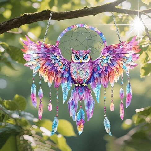 1PC Owl Dreamcatcher Colorful Acrylic Suncatcher Hanging, 7.08 inch Window Decor with Printed Stained Glass Style Design, Rainbow Maker Wall Art, Gift Idea & Garden Ornament Indoor Outdoor Use in Saudi Arabia