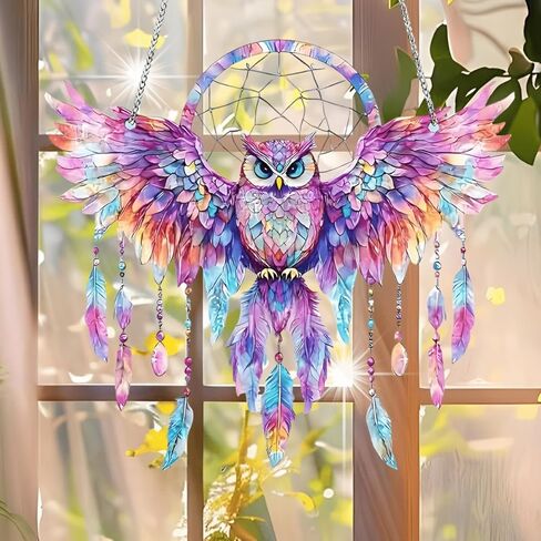 1PC Owl Dreamcatcher Colorful Acrylic Suncatcher Hanging, 7.08 inch Window Decor with Printed Stained Glass Style Design, Rainbow Maker Wall Art, Gift Idea & Garden Ornament Indoor Outdoor Use in Saudi Arabia