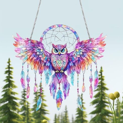 1PC Owl Dreamcatcher Colorful Acrylic Suncatcher Hanging, 7.08 inch Window Decor with Printed Stained Glass Style Design, Rainbow Maker Wall Art, Gift Idea & Garden Ornament Indoor Outdoor Use in Saudi Arabia