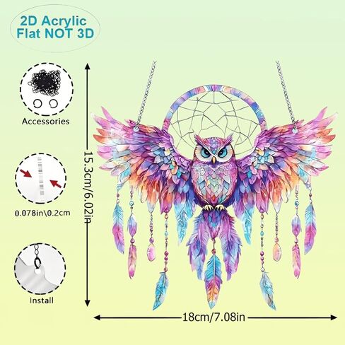 1PC Owl Dreamcatcher Colorful Acrylic Suncatcher Hanging, 7.08 inch Window Decor with Printed Stained Glass Style Design, Rainbow Maker Wall Art, Gift Idea & Garden Ornament Indoor Outdoor Use in Saudi Arabia