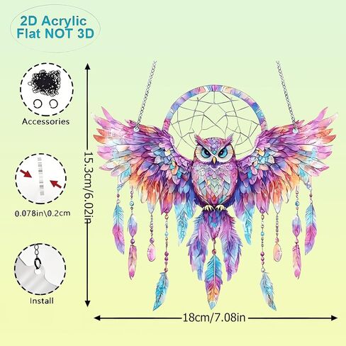 1PC Owl Dreamcatcher Colorful Acrylic Suncatcher Hanging, 7.08 inch Window Decor with Printed Stained Glass Style Design, Rainbow Maker Wall Art, Gift Idea & Garden Ornament Indoor Outdoor Use in Saudi Arabia