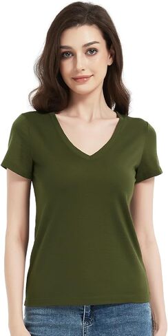 تي شيرت نسائي من صوف ميرينو 100%، برقبة على شكل حرف V خفيف الوزن وطبقة أساسية رياضية ماصة للرطوبة للجري in Kuwait