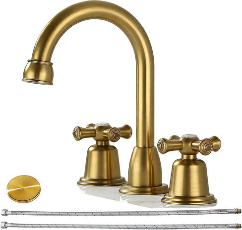 صنابير الحمام RKF للحوض 3 فتحات باللون الأسود غير اللامع مقاس 8 بوصات صنبور حوض الحمام واسع الانتشار مع تصريف ومقبضين ومقابض متقاطعة، صنبور الحمام الغرور، صنبور حوض خلاط مع خرطوم وسطح CWF039-MB in Kuwait