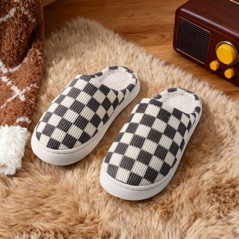 House Slippers for Women Men, Checkered Women's Checkerboard Slippers Teen Girls Trendy Plaid Scuff Slides, Women Men's Fuzzy Indoor Slip on Memory Foam Bedroom Home Shoes Grey in Saudi Arabia