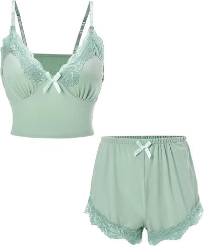 Women's 2 Piece Lace Trim Pajama Set Summer Bow Deep V Neck Crop Cami Top and Shorts Loungewear Sleepwear in Saudi Arabia
