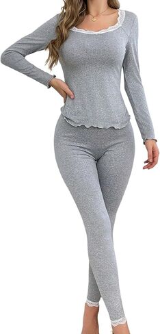 Milumia Women's 2 Piece Pajama Sets Lace Square Neck Long Sleeve Top Leggings Pants Set Underwear in Saudi Arabia