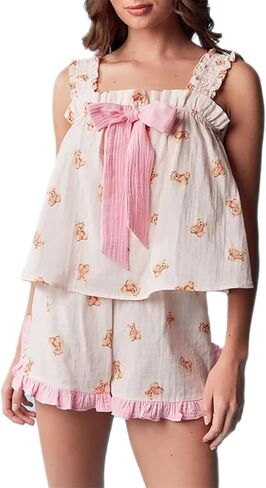 Women Y2K Bear Print 2 Piece Pajamas Set Ruffle Trim Cami Top Elastic Waist Shorts Loose Bowknot Matching Pj Outfits in Kuwait