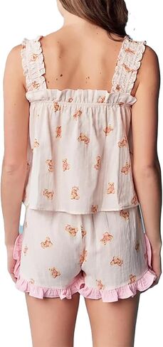 Women Y2K Bear Print 2 Piece Pajamas Set Ruffle Trim Cami Top Elastic Waist Shorts Loose Bowknot Matching Pj Outfits in Saudi Arabia