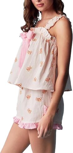Women Y2K Bear Print 2 Piece Pajamas Set Ruffle Trim Cami Top Elastic Waist Shorts Loose Bowknot Matching Pj Outfits in Saudi Arabia