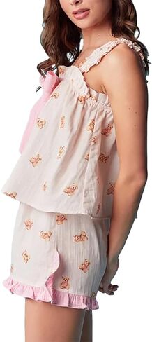 Women Y2K Bear Print 2 Piece Pajamas Set Ruffle Trim Cami Top Elastic Waist Shorts Loose Bowknot Matching Pj Outfits in Saudi Arabia