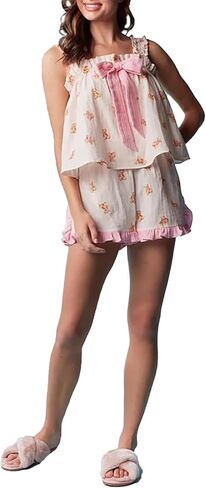 Women Y2K Bear Print 2 Piece Pajamas Set Ruffle Trim Cami Top Elastic Waist Shorts Loose Bowknot Matching Pj Outfits in Saudi Arabia