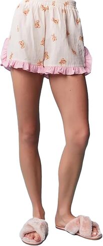Women Y2K Bear Print 2 Piece Pajamas Set Ruffle Trim Cami Top Elastic Waist Shorts Loose Bowknot Matching Pj Outfits in Saudi Arabia