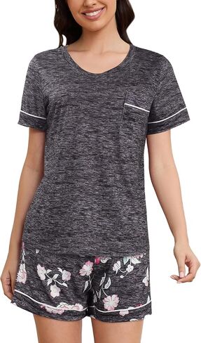 طقم بيجامة فينتلان للنساء مكون من قطعتين بلوزة بأكمام قصيرة وشورت مع جيب، S-XXL in Kuwait