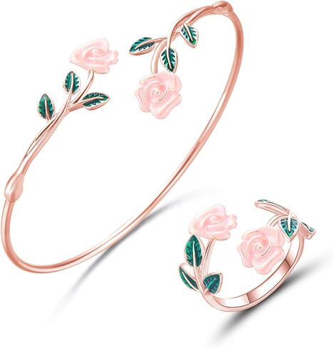 coadipress Rose Bracelet Ring Set for Women Dainty Fashion Red Roses Flower Green Leaf Open Cuff Adjustable Bracelets Vintage Flower Rings Wedding Personalized Accessories Jewelry in Saudi Arabia