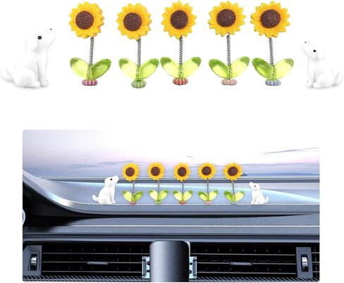 7PCS Cute Car Rearview Mirror Accessories, Funny Bunny Figurine Shaking Spring Flower Dashboard Decor, Bobblehead Flowers Charm Cute Resin Ornament for Car Home Office in Saudi Arabia