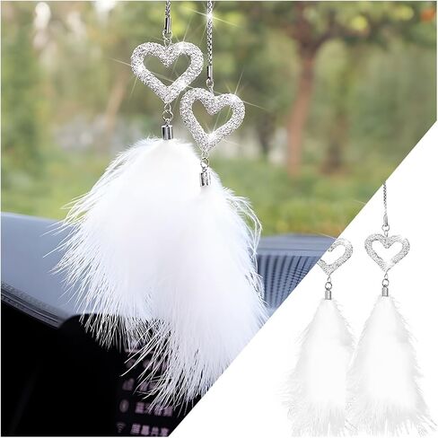 Bling Car Hanging Accessories, Crystal Rhinestone Love Heart Feather Vehicle Rear View Mirror Ornament Pendant, Lucky Diamond Auto Interior Rearview Charm Decoration, Universal Fit in Saudi Arabia