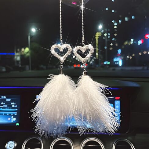 Bling Car Hanging Accessories, Crystal Rhinestone Love Heart Feather Vehicle Rear View Mirror Ornament Pendant, Lucky Diamond Auto Interior Rearview Charm Decoration, Universal Fit in Saudi Arabia