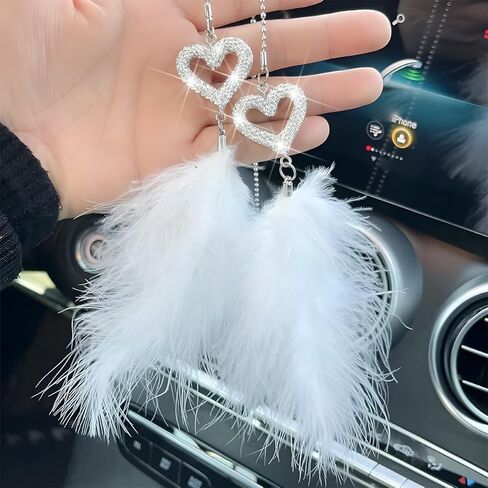 Bling Car Hanging Accessories, Crystal Rhinestone Love Heart Feather Vehicle Rear View Mirror Ornament Pendant, Lucky Diamond Auto Interior Rearview Charm Decoration, Universal Fit in Saudi Arabia