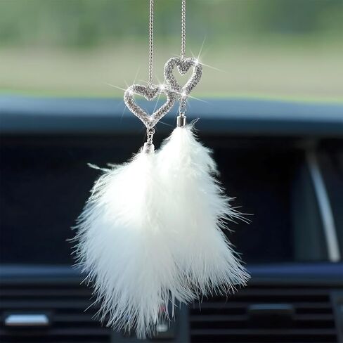 Bling Car Hanging Accessories, Crystal Rhinestone Love Heart Feather Vehicle Rear View Mirror Ornament Pendant, Lucky Diamond Auto Interior Rearview Charm Decoration, Universal Fit in Saudi Arabia