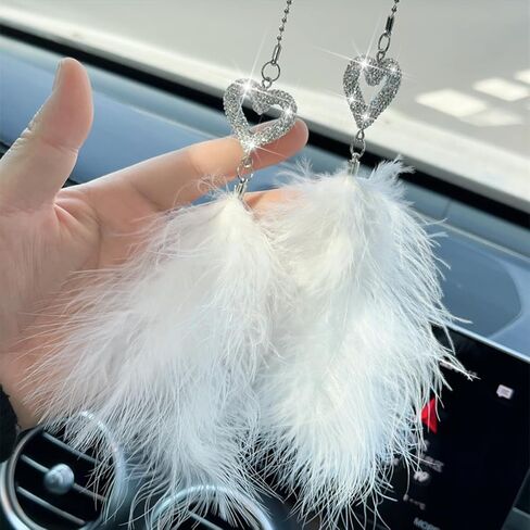 Bling Car Hanging Accessories, Crystal Rhinestone Love Heart Feather Vehicle Rear View Mirror Ornament Pendant, Lucky Diamond Auto Interior Rearview Charm Decoration, Universal Fit in Saudi Arabia