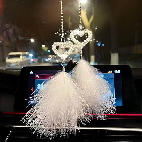Bling Car Hanging Accessories, Crystal Rhinestone Love Heart Feather Vehicle Rear View Mirror Ornament Pendant, Lucky Diamond Auto Interior Rearview Charm Decoration, Universal Fit in Saudi Arabia