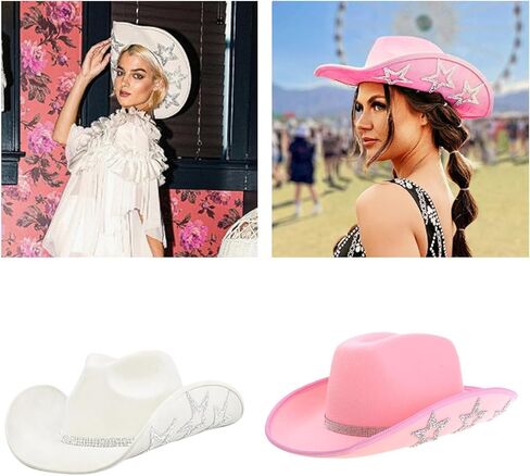 Curved Brim Cowboy Hat With Rhinestone Star Pattern For Christmas Banquet Party Cowgirls Hat For Adult Taking Photo Hats For Men Hats For Women in Saudi Arabia