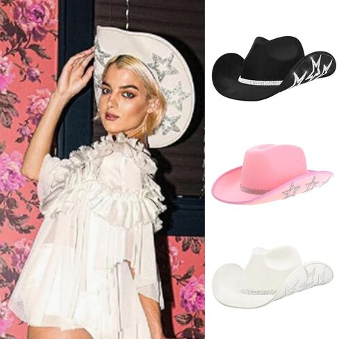Curved Brim Cowboy Hat With Rhinestone Star Pattern For Christmas Banquet Party Cowgirls Hat For Adult Taking Photo Hats For Men Hats For Women in Saudi Arabia