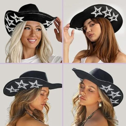 Curved Brim Cowboy Hat With Rhinestone Star Pattern For Christmas Banquet Party Cowgirls Hat For Adult Taking Photo Hats For Men Hats For Women in Saudi Arabia