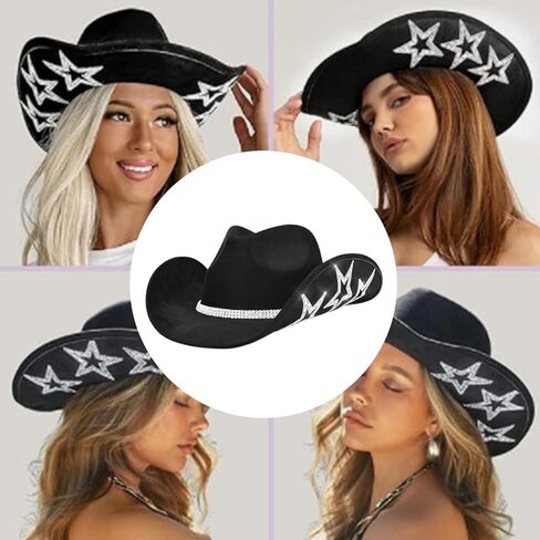 Curved Brim Cowboy Hat With Rhinestone Star Pattern For Christmas Banquet Party Cowgirls Hat For Adult Taking Photo Hats For Men Hats For Women in Saudi Arabia