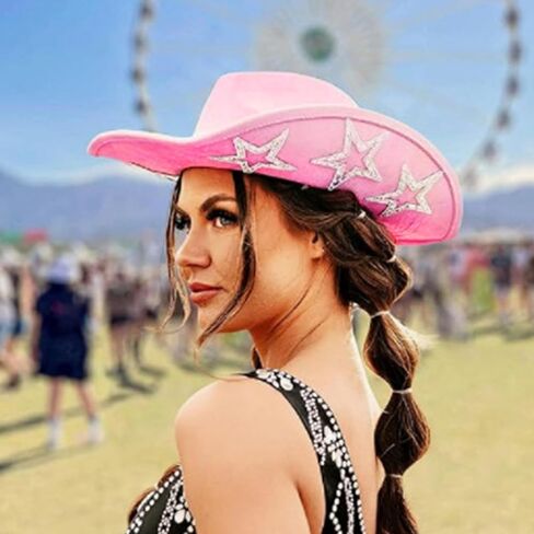 Curved Brim Cowboy Hat With Rhinestone Star Pattern For Christmas Banquet Party Cowgirls Hat For Adult Taking Photo Hats For Men Hats For Women in Saudi Arabia