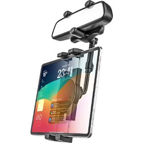 GDZN Rearview Mirror Car Tablet Mount, Retractable Arm Rear View Mirror Tablet Holder, 360° Rotatable Tablet Mirror Clip Compatible with iPad Pro Air Mini, Galaxy Tabs, Z Fold, Phone, 4-11" Devices