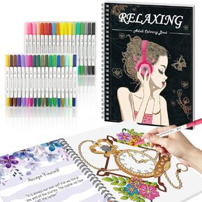 Kalysky Adults Coloring Books for Women Set - Relaxation Coloring Book and 36 Color Coloring Markers for Adults, Spiral Binding,Women's Freedom and Stress Relief