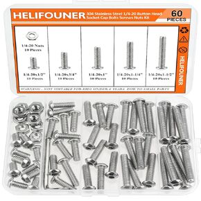 120 Pieces 5 Sizes 304 Stainless Steel 1/4-20 x 3/8" 1/2" 5/8" 3/4" 1" UNC Thread Hex Button Head Cap Bolts Kit