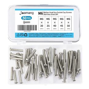 Joamang M6 x 8mm 12mm 16mm 20mm 25mm Socket Head Cap Screws Bolts, Stainless Steel 304, Metric Allen Hex Drive, Bright Finish, Fully Threaded, Assortment Kit 50PCS