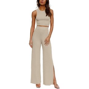 2 Piece Summer Outfits for Women Ribbed Cropped Top and Wide Leg Pants with Side Slit
