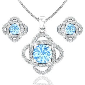 Belinda Jewelz Women 925 Sterling Silver Cute Love Knot Sparkling Gemstone Push Back Stud Earrings Hanging Pendant Necklace Beautiful Fine Jewelry Accessory Set, 1.65 Carat