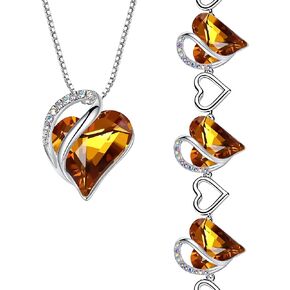 Leafael Infinity Love Heart Necklace and Bracelet for Women, November Birthstone Crystal Jewelry, Silver Tone Bundle Gifts for Women, Amber Brown